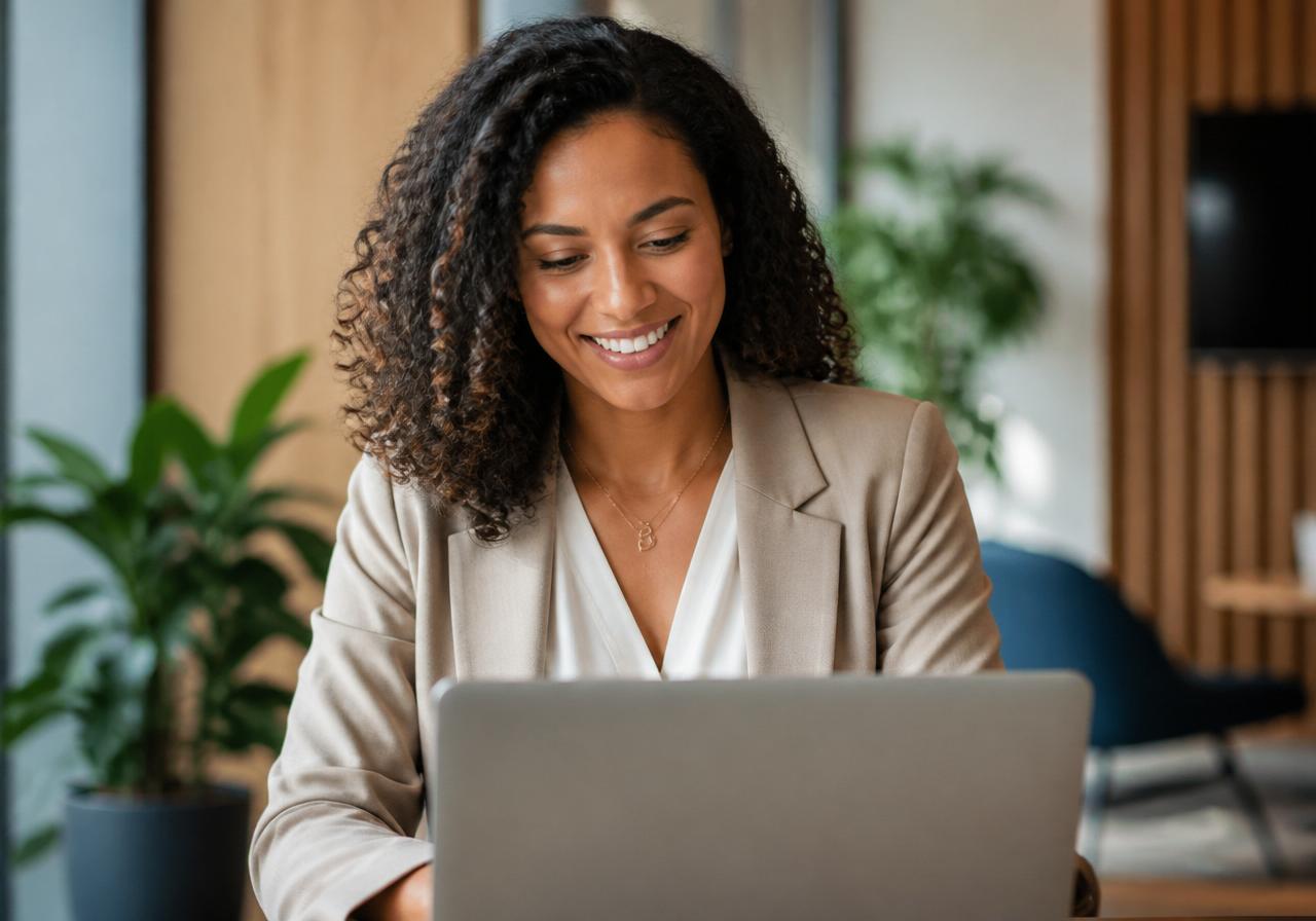 Consultora da 7Cantos atendendo proprietário pelo computador com sorriso acolhedor